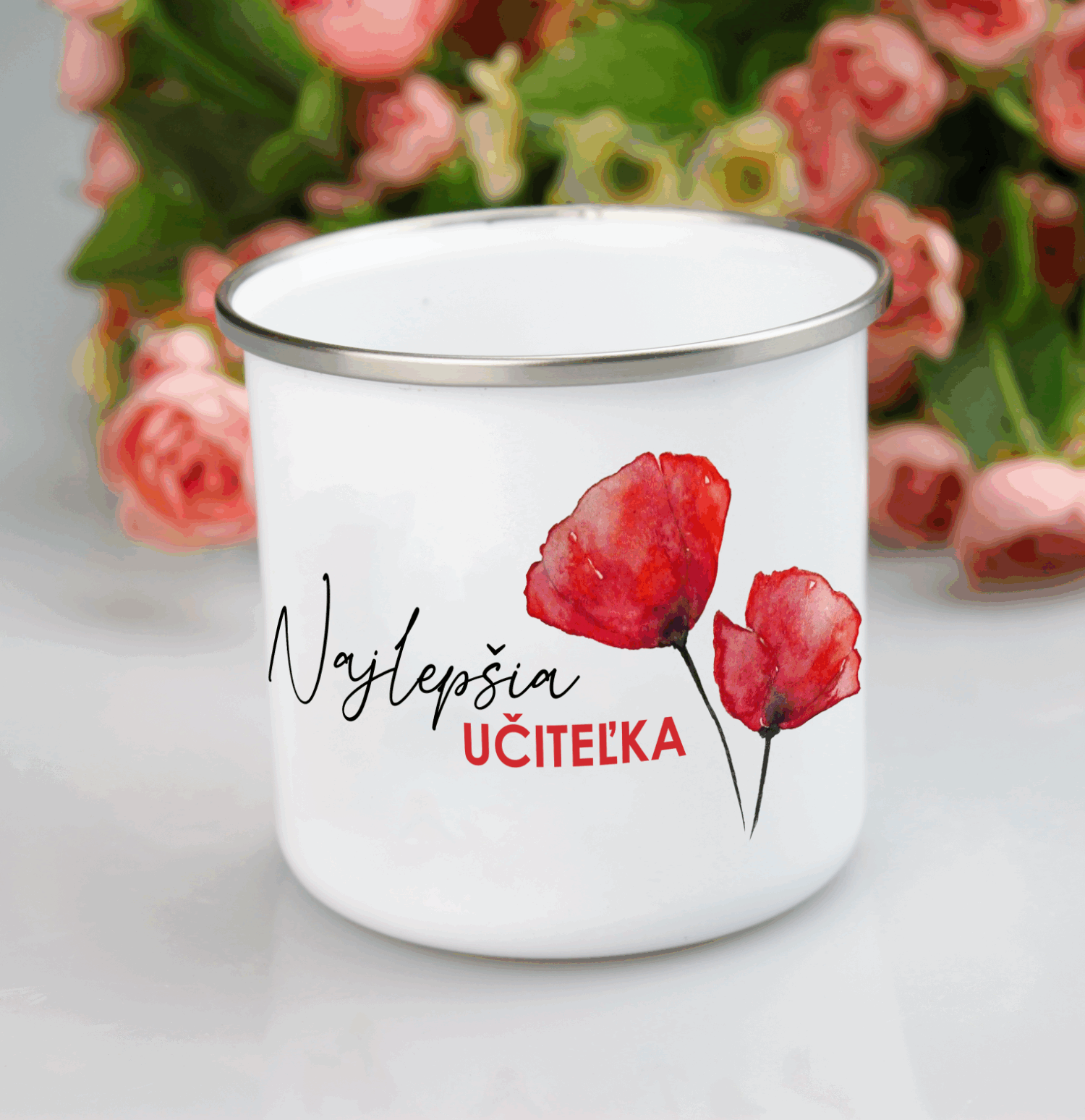 Biely smaltovaný hrnček Najlepšia učiteľka 300 ml