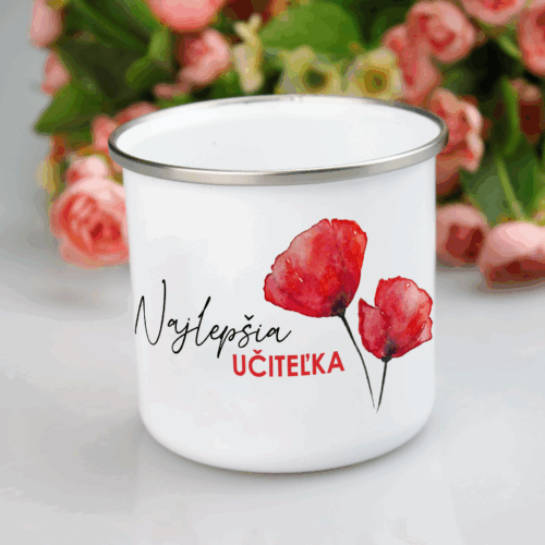 Biely smaltovaný hrnček Najlepšia učiteľka 300 ml